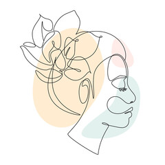 Woman face with lotus flower in Continuous line drawing. Beautiful portrait in lineart style isolated in white background. Vector illustration with color free form