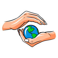 Let's protect the planet. Let's save the planet. Planet in hand. Ecology. Cartoon style.