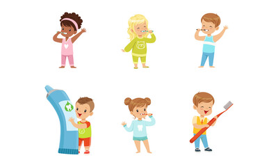 Cute Little Boy and Girl Brushing Teeth with Toothpaste and Toothbrush Vector Set