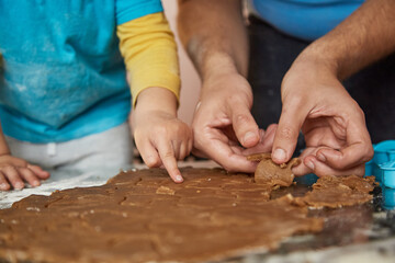 Father's Day concept. Father and son together making cookies at home. Homemade baking. Top view banner. High quality photo