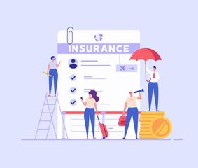 Travel Insurance Vector illustration. People traveling with insurance. Tourist with luggage in airport. Concept of insurance and health protection for travelers, safe vacation and traveling