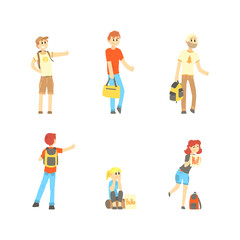 Hitchhikers with Backpacks Standing Along the Road and Thumbing or Hitching Transportation Vector Set