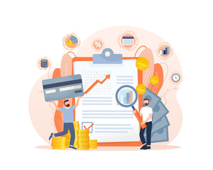 Budget management. Personal financial control. Budget planning, records management, cash flow statement metaphors. Flat style characters.