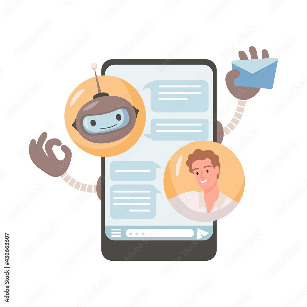 Aufkleber online robotic assistance vector flat illustration. young man chatting with robot in mobile applicat