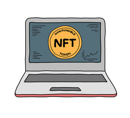 Laptop computer displaying NFT non-fungible token in hand drawn doodle sketch style. Colour filled.
