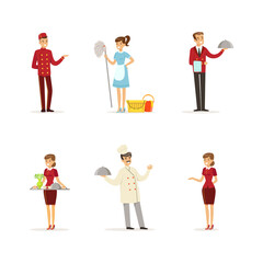 Hotel Staff with Hostess, Maid and Porter Vector Set