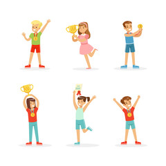 Excited Boy and Girl Winner Standing with Gold Cup and Medals as Achievement Award Vector Set