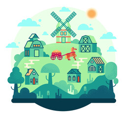 Village view in flat style with barn, mill on hill, horse with cart and rural houses, vector cartoon illustration. 