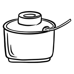 Sugar bowl. Sugar dish with a spoon. Cafe. A restaurant. Cartoon style.