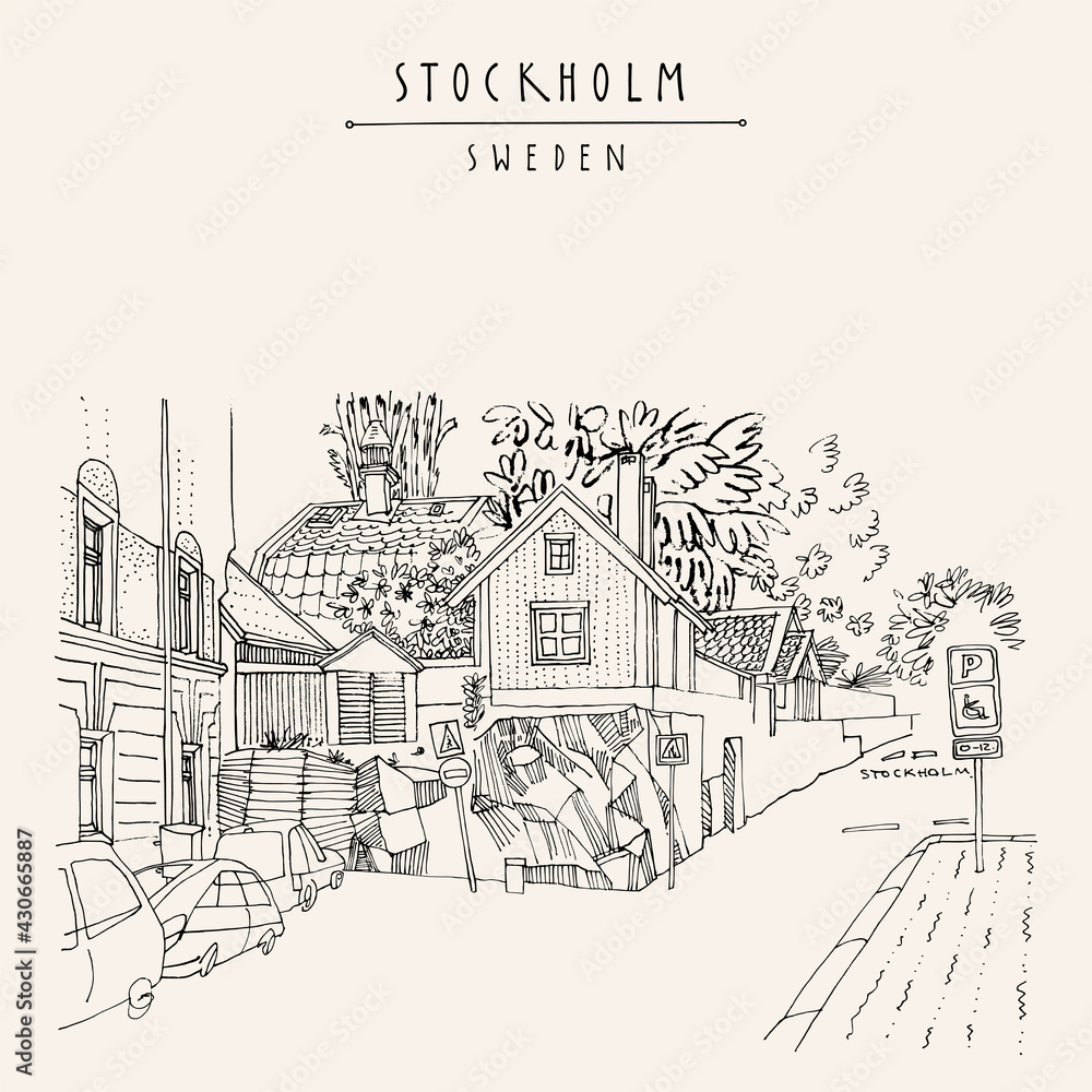 Wall mural vector stockholm postcard. street in stockholm, sweden, scandinavia, europe. house on the rock, car 