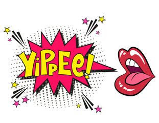 Comic lettering yippee with red lips and an open mouth. Vector bright cartoon illustration in retro pop art style. Comic text sound effects. EPS 10.бильное устройство
