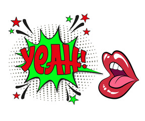 Comic lettering yeah with red lips and an open mouth. Vector bright cartoon illustration in retro pop art style. Comic text sound effects. EPS 10.	