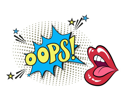 Comic lettering oops with red lips and an open mouth. Vector bright cartoon illustration in retro pop art style. Comic text sound effects. EPS 10.