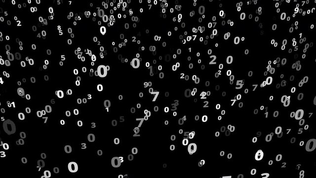 Chaotic movement of white numbers on a black background. Figures that change in a chaotic manner. Background or texture.