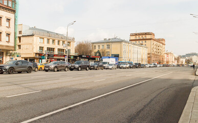 Moscow, Russia, Apr 22,2021: Traffic jam at Sadovaya-Kudrinskaya street (Garden ring)