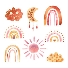Watercolor boho clipart for nursery decoration with cute rainbows and moon, sun, cloud. Doodle hand drawn illustration.