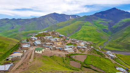 Fototapeta premium Panoramic view of Khinalig - a unique village located in the Caucasus Mountains. Azerbaijan