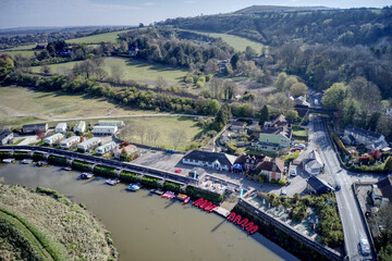 Aerial of Amberley on the banks of the River Arun in West Sussex in a scenic position within the South Downs in Southern England.