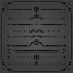 Obraz premium Vintage set of decorative elements. Horizontal separators in the frame. Collection of different ornaments. Classic patterns. Set of vintage black patterns