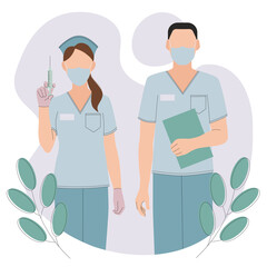 International nurses day. Vector flat illustration for doctors day or nursing day. Cartoon medical staff: nurse with mask and syringe, male nurse with mask and folder. Banner for hospital or web.