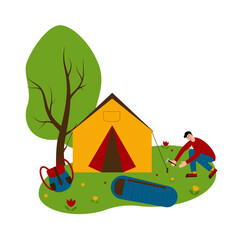 Tourist weekends. The man is pitching the tent. Camping. Summer camping for family and tourists. Vector Illustration isolated.