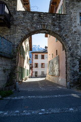 Fototapeta na wymiar Saillon, Switzerland 28.03.2021 - arch in the Village of Saillon in Spring, Maison Commune, Pierre Avoi, Farinet hike