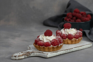 A delicious dessert for the whole family and easy diet, raspberry basket of unleavened dough with a...