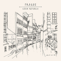 Vector Prague postcard. Prague, Czech Republic, Europe. Canal in the old town. Travel sketch drawing. Hand drawn vintage touristic postcard, poster, book or calendar illustration