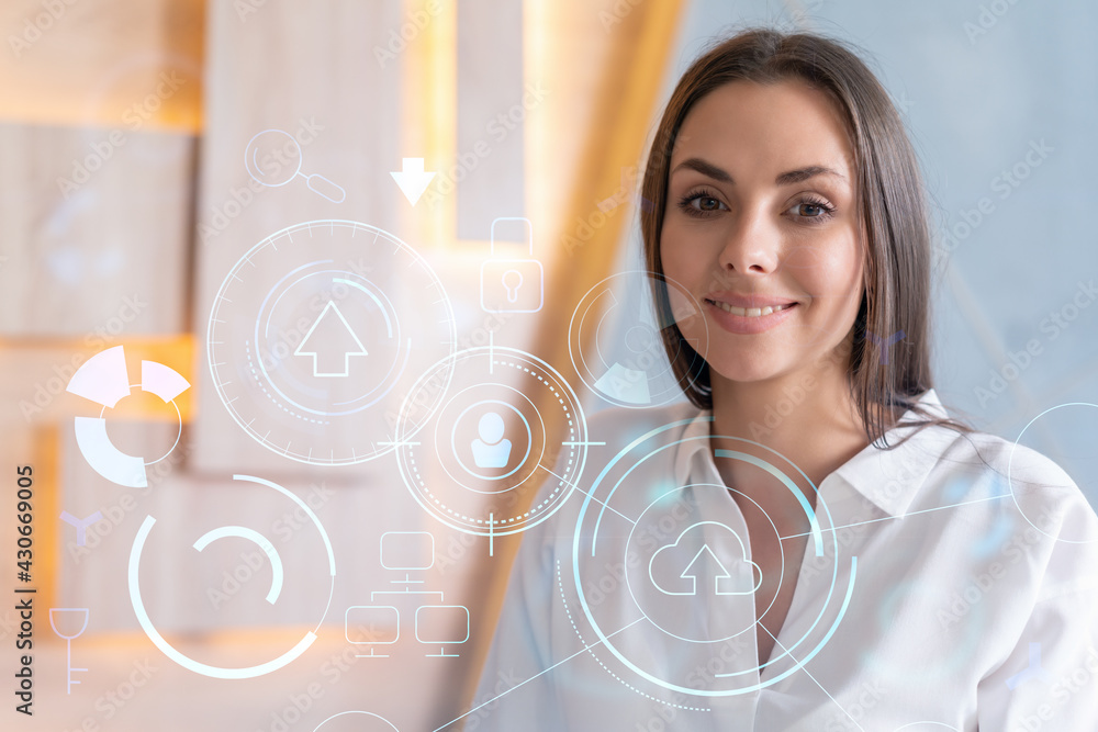Poster portrait of attractive smiling businesswoman in formal wear thinking how to optimize business proces