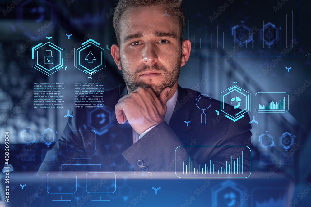 Poster portrait of handsome businessman in formal suit thinking how to optimize business process by applyin