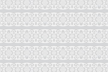 3d volumetric convex geometric white background. Embossed ethnic abstract horizontal pattern. Oriental, Islamic, Arabic, Maracan motives. Ornament for wallpapers, presentations, textiles, websites.