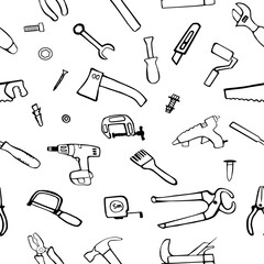 Fototapeta na wymiar Construction tools for repair. A pattern from a set of icons in a doodle style. Hand drawn building material. Vector illustration.
