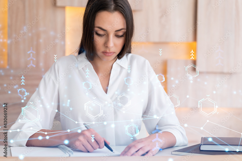 Poster portrait of attractive businesswoman in formal wear working with documents and thinking how to optim