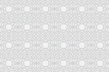 3d volumetric convex geometric white background. Embossed ethnic beautiful graceful pattern. Oriental, Islamic, Arabic, Maracan motives. Ornament for wallpapers, presentations, textiles, websites.