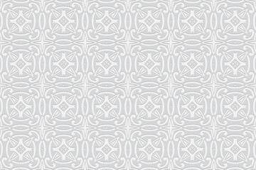 3d volumetric convex geometric white background. Embossed ethnic original graceful pattern. Oriental, Islamic, Arabic, Maracan motives. Ornament for wallpapers, presentations, textiles, websites.