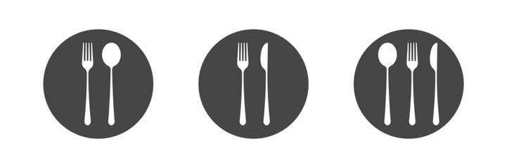 Dishes. Spoon, fork, knife and plates icons set, menu logo, cutlery silhouette. Vector illustration.
