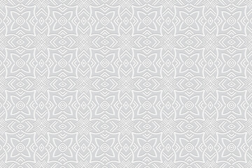 3d volumetric convex geometric white background. Embossed ethnic floral pattern. Oriental, Islamic, Arabic, Maracan motives. Ornament for wallpapers, presentations, textiles, websites.