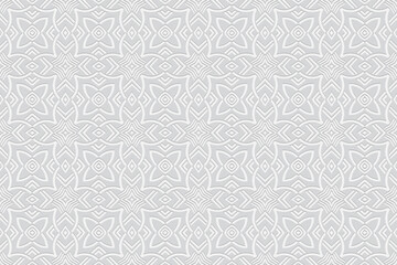 3d volumetric convex geometric white background. Embossed ethnic floral pattern. Oriental, Islamic, Arabic, Maracan motives. Ornament for wallpapers, presentations, textiles, websites.