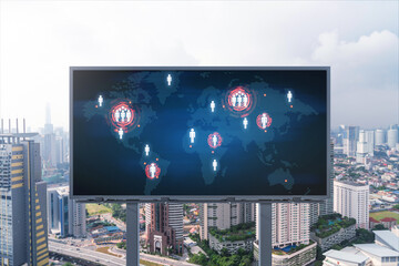 World planet Earth map hologram on billboard over panorama city view of Kuala Lumpur, Malaysia, Asia. The concept of international connections and business.