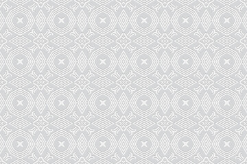 3d volumetric convex geometric white background. Embossed ethnic traditional folk pattern. Oriental, Islamic, Arabic, Maracan motives. Ornament for wallpapers, presentations, textiles, websites.