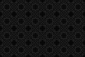 Obraz na płótnie Canvas 3d volumetric convex geometric black background. Embossed ethnic original folk pattern. Oriental, Islamic, Arabic, Maracan motives. Ornament for wallpapers, presentations, textiles, websites.