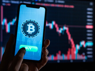 Man holding smartphone is about to buy crypto currency with candle chart in the background