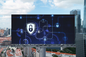 Padlock icon hologram on road billboard over panorama city view of Singapore at day time to protect business, Southeast Asia. The concept of information security shields.