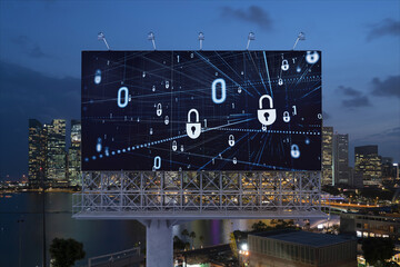 Padlock icon hologram on road billboard over panorama city view of Singapore at night to protect business, Southeast Asia. The concept of information security shields.