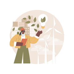 Wind power abstract concept vector illustration. Renewable energy, green electricity supply, wind turbine, power generator, solar panels, renewable source, engineer worker abstract metaphor.