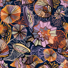 Decorative seamless elegant pattern design of seashells in floral forms in bright warm orange color