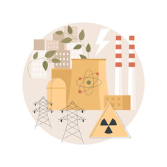 Nuclear energy abstract concept vector illustration. Nuclear power plant, sustainable energy source, cooling towers, uranium atom, distribution system, generate electricity abstract metaphor.