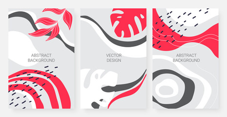 Abstract minimal leaves, modern circular and wavy line and shape vector illustration set. Minimalist contemporary botanical wall art, red monstera leaf, tropical jungle plant wallpaper template © lembergvector