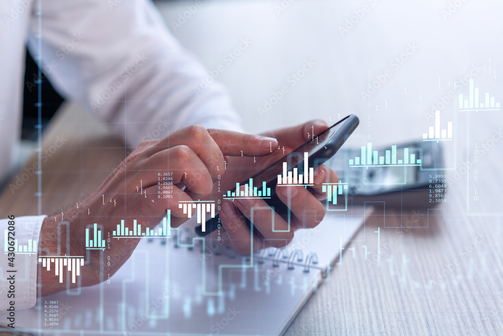 Poster trader holding in the hands a smart phone and researching stock market to proceed right investment s