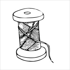 Hand draw outline spool of thread. Vintage, retro style
